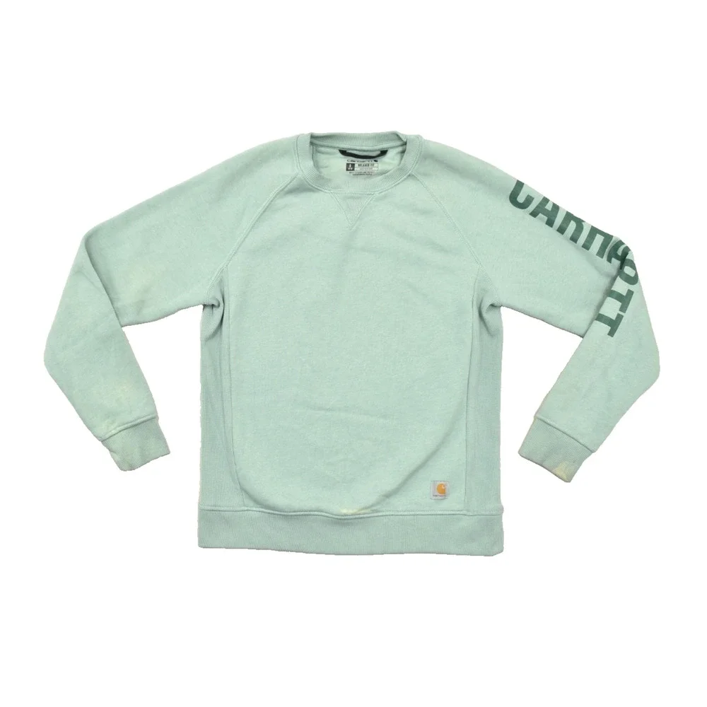Carhartt Women's Relaxed Fit Sweatshirt Size S Green Crewneck Logo Sleeve Cotton - Picture 1 of 8